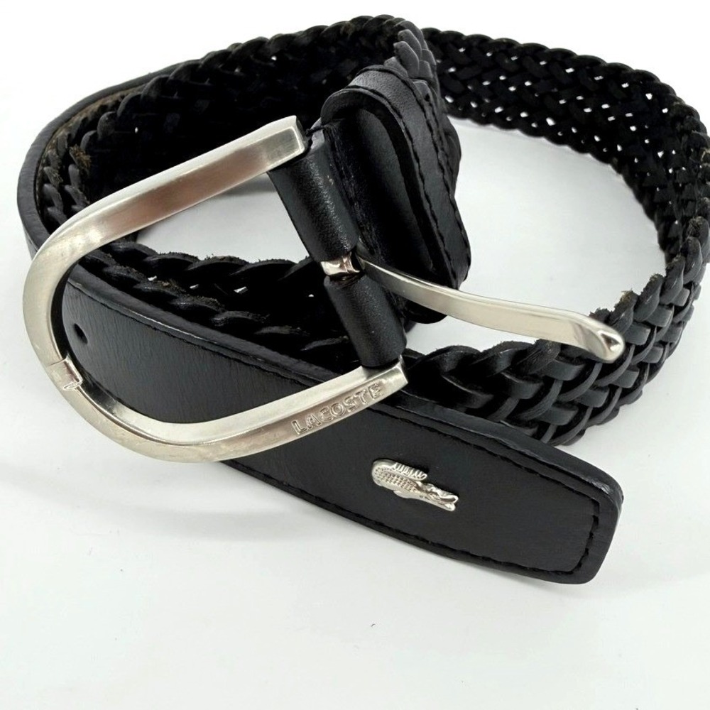 Lacoste Mens Braided‎ Genuine Leather Belt Black Silver Buckle Size 38 25042